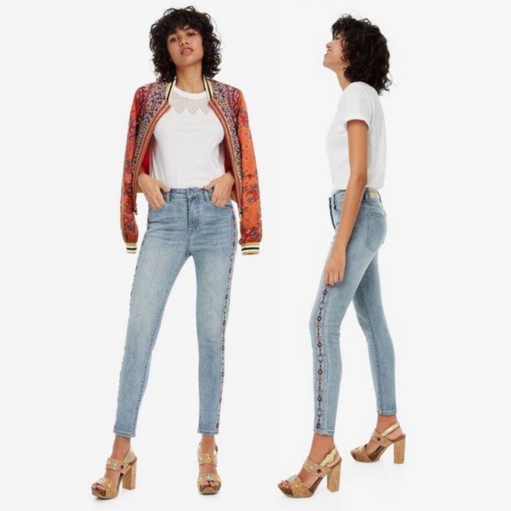 DESIGUAL light wash side embroidered cigarette jeans 28
